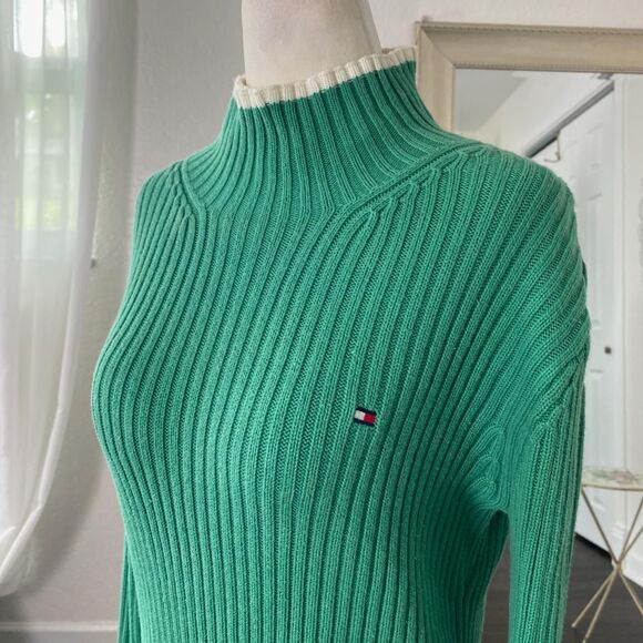 Early 2000's Preppy Tommy Hilfiger Green Cotton Knitted Turtleneck Sweater S - Picture 3 of 8